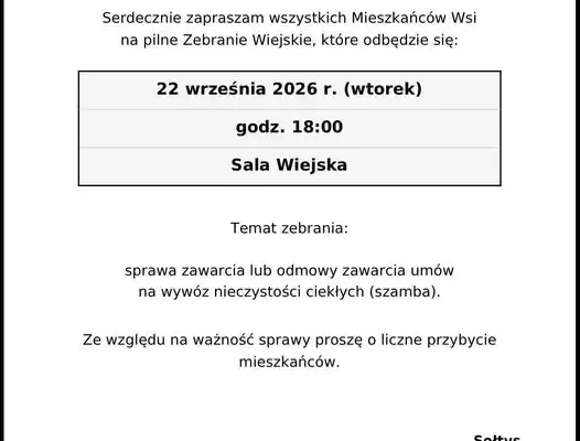 Pilne zebranie wiejskie w Gozdaninie – temat: umowy na wywóz szamba
