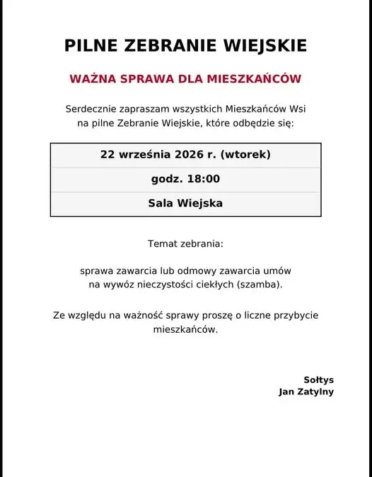 Pilne zebranie wiejskie w Gozdaninie – temat: umowy na wywóz szamba