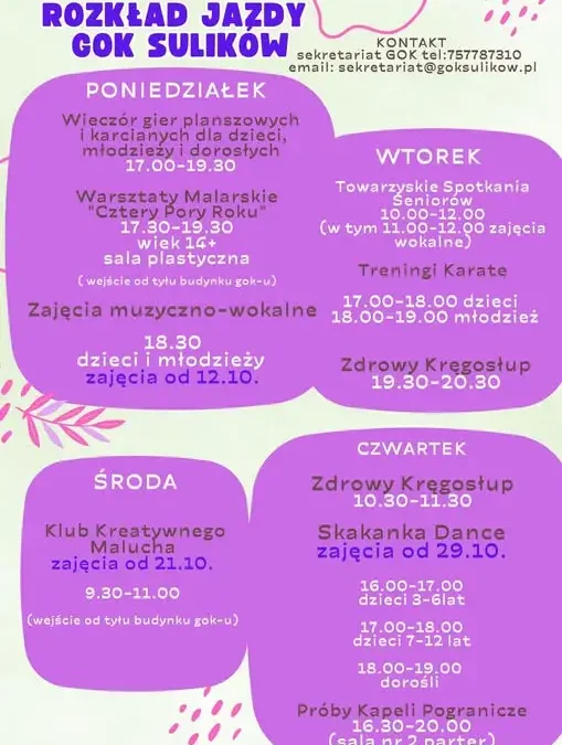 GOK Sulików: zmiana terminu Klubu Kreatywnego Malucha i nowy rozkład zajęć
